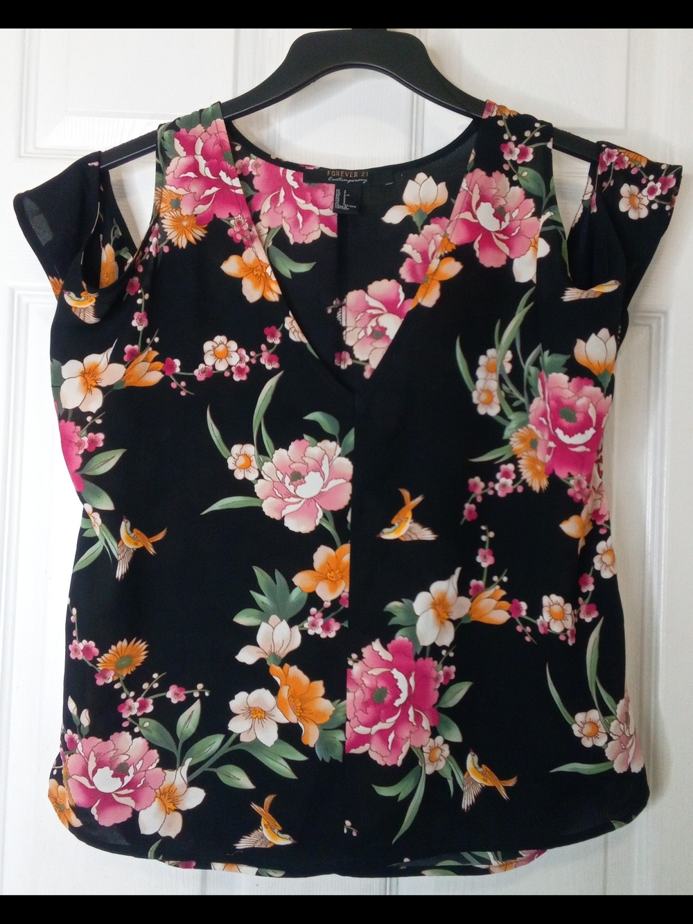 Forever 21 Black Floral Cold-Shoulder V-Neck Top